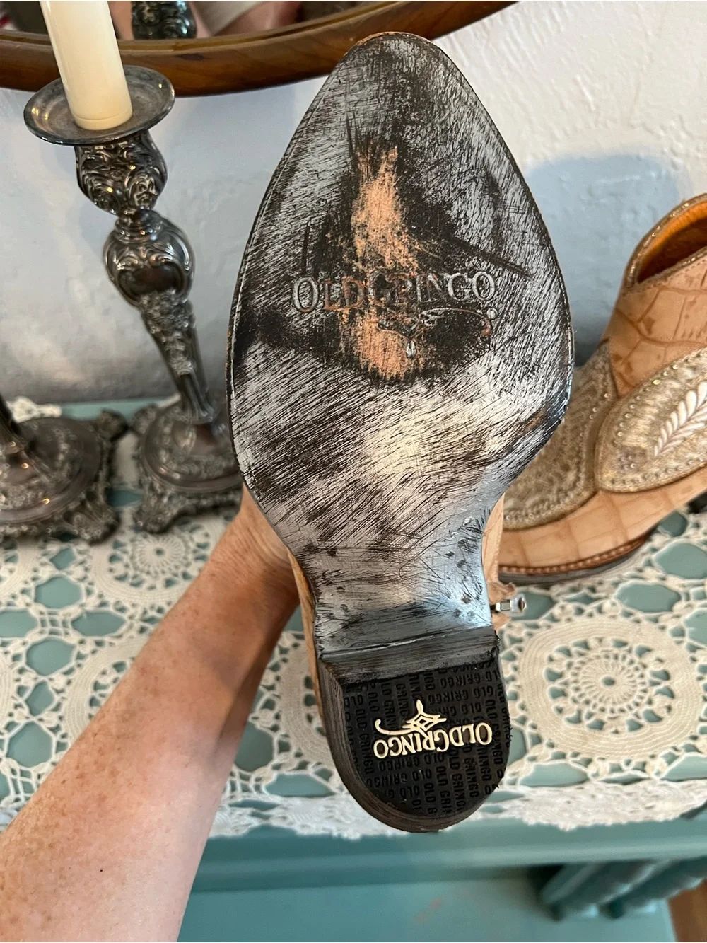 Old Gringo Tan Croc-Embossed Western Ankle Boots with Cream Embroidery - Picture 5 of 5